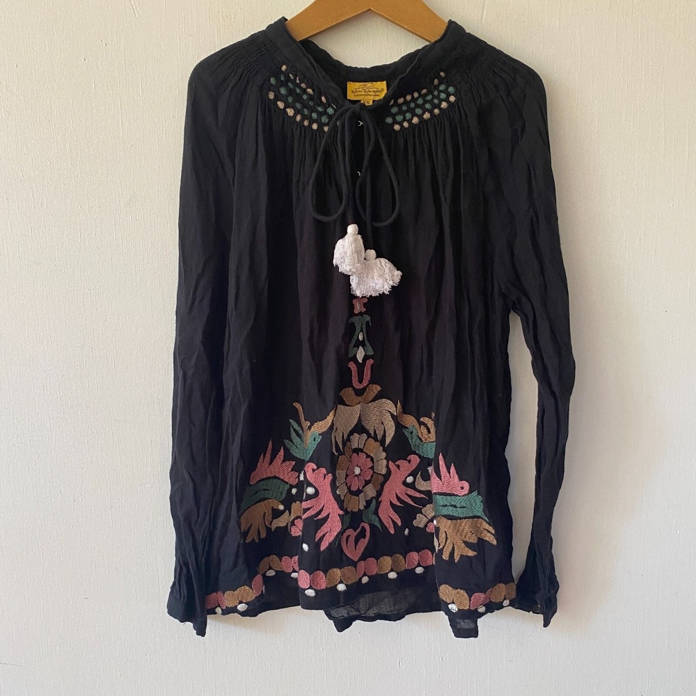 Roberta Roller Rabbit Embroidered Boho Top Womens XS Blouse Black‎ Y2K